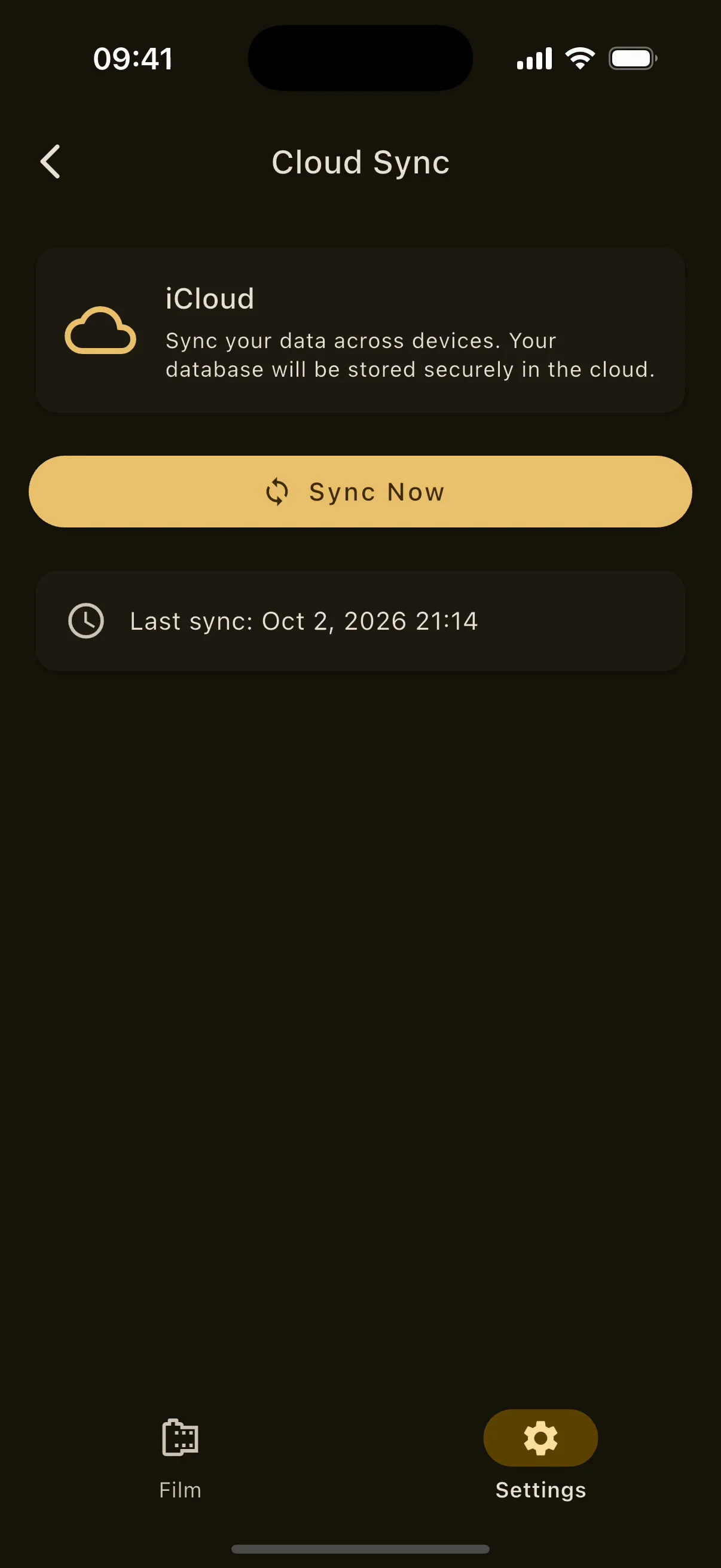 Cloud Sync on iPhone: iCloud sign-in state, Sync Now and the last sync time.