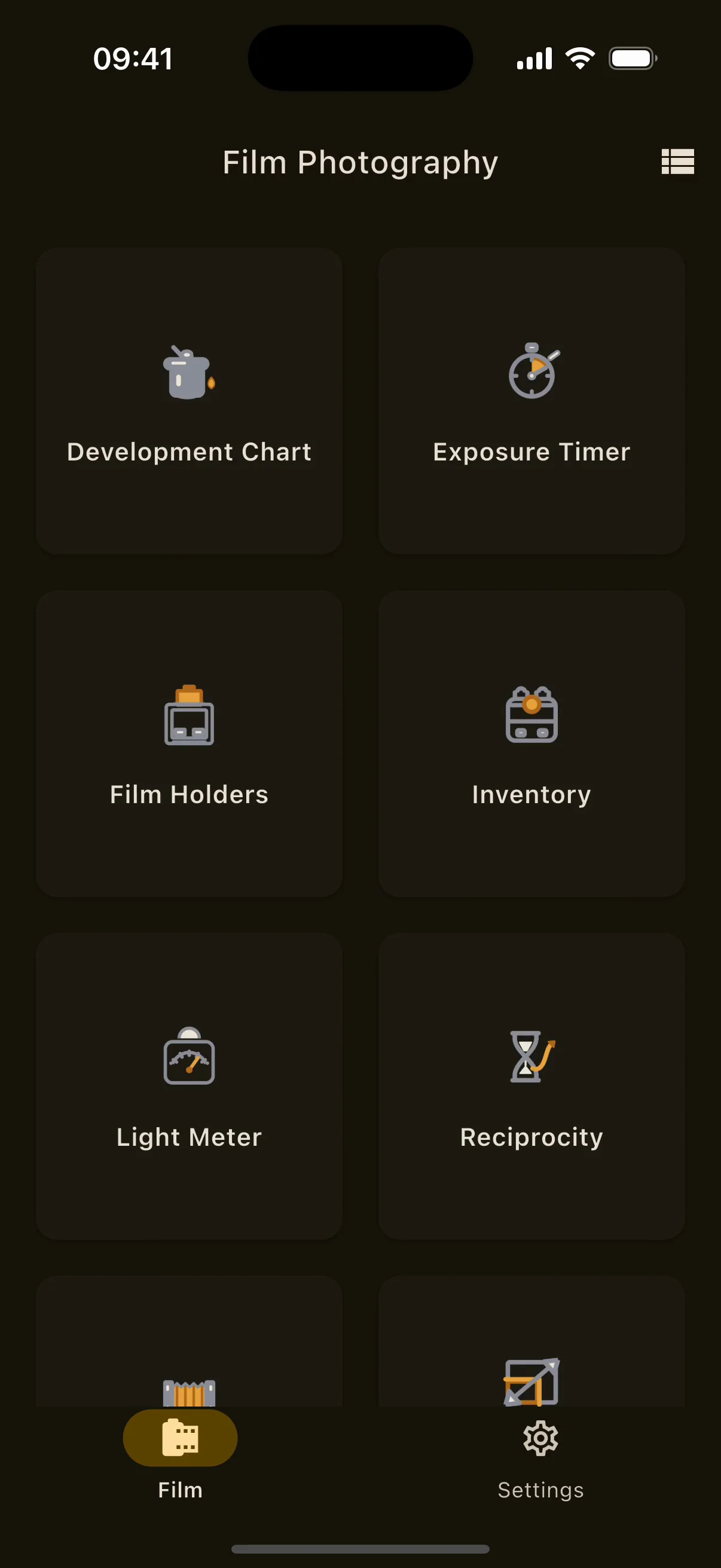 The Film hub on iPhone in the dark theme, with tiles for Light Meter, Development Chart, Sun Tracker, Exposure Timer, Film Holders and Inventory.