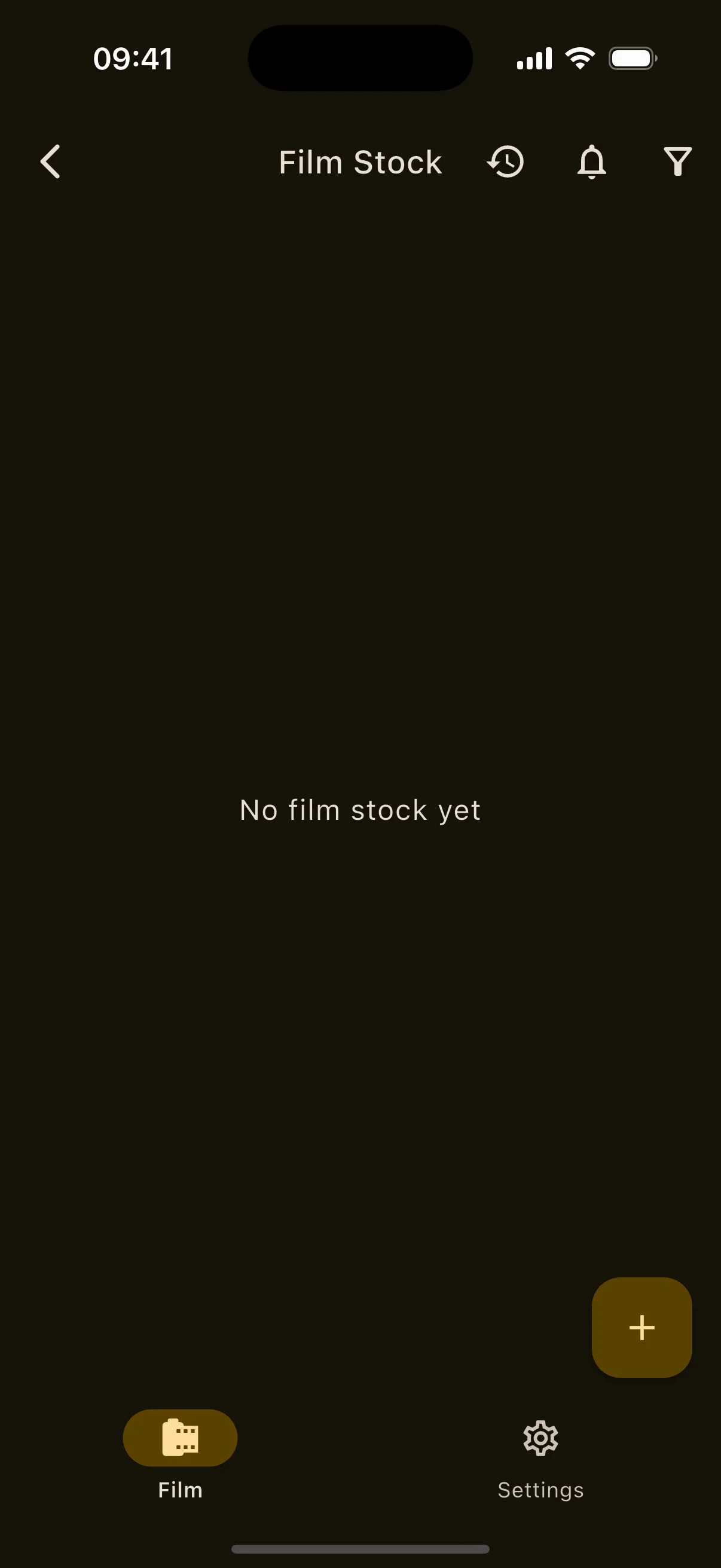 Inventory on iPhone: cameras, lenses, tripods, film stock, lights and accessories, then the film stock list.