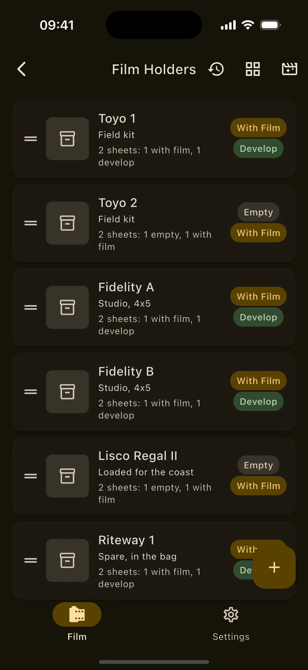Film Holders on iPhone, recorded: the holder list, Toyo 1 opened, and its two sheets with status and film type.