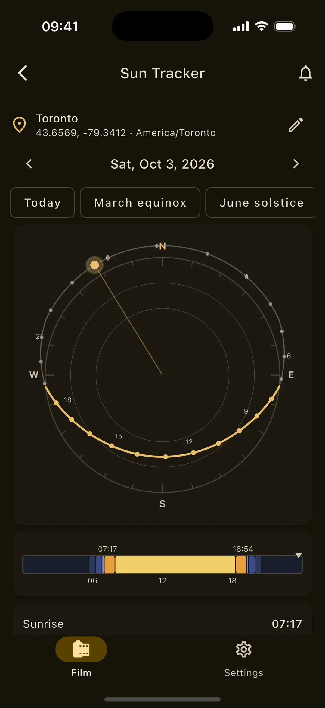 Sun Tracker on iPhone, recorded: the compass dial jumping to the June solstice and the March equinox, then the times list scrolling.