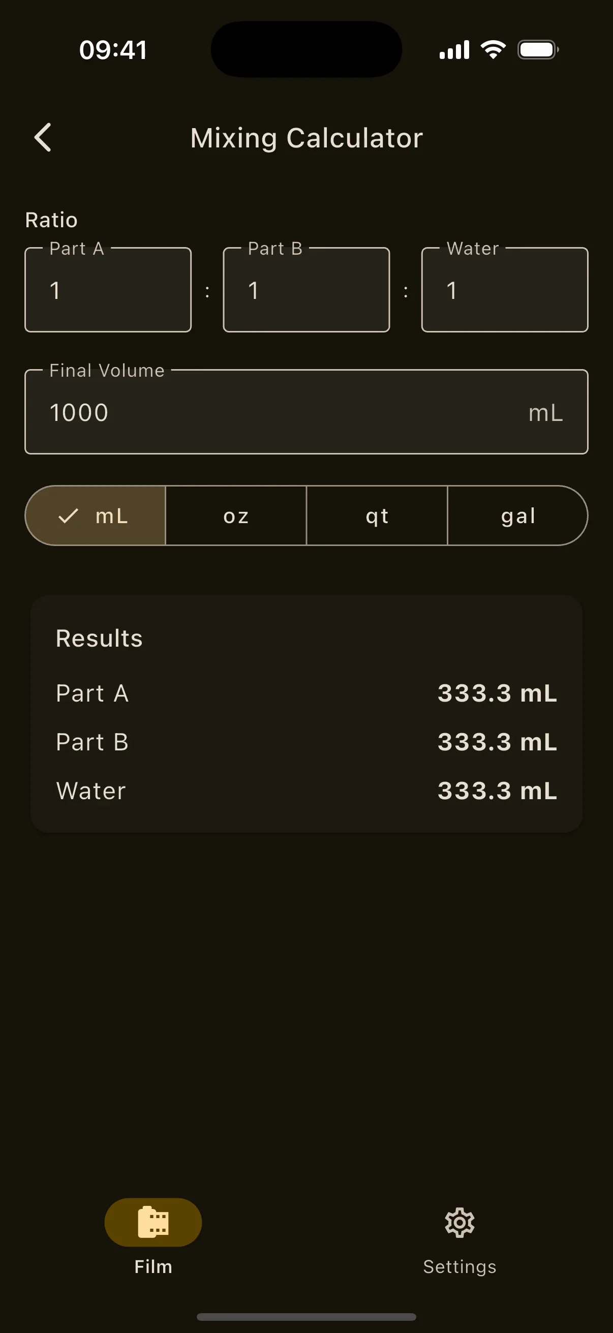 Mixing calculator on iPhone: part A, part B and water from a ratio and a final volume.