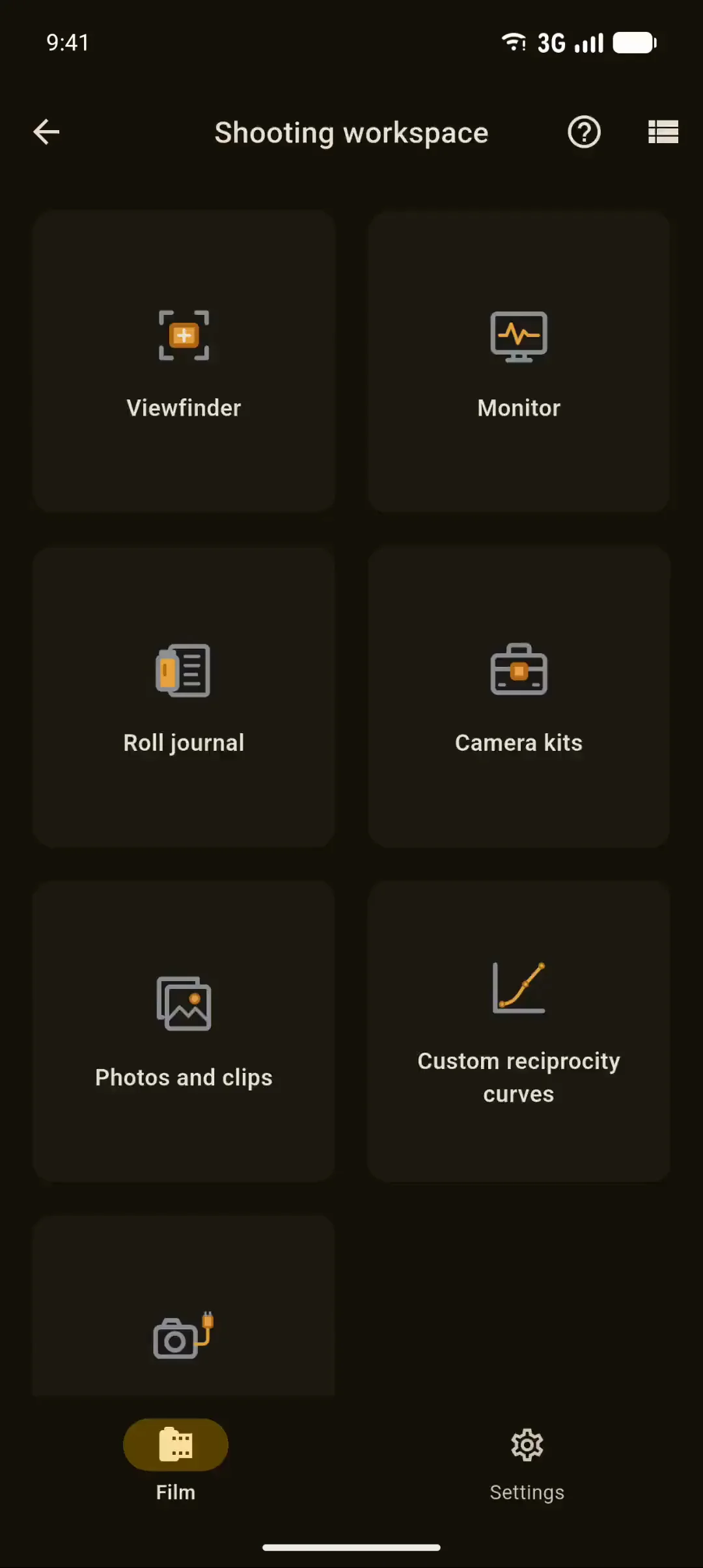 Shooting workspace on Android, recorded: the tool cards, the Viewfinder opening on a live scene, then the Roll journal.