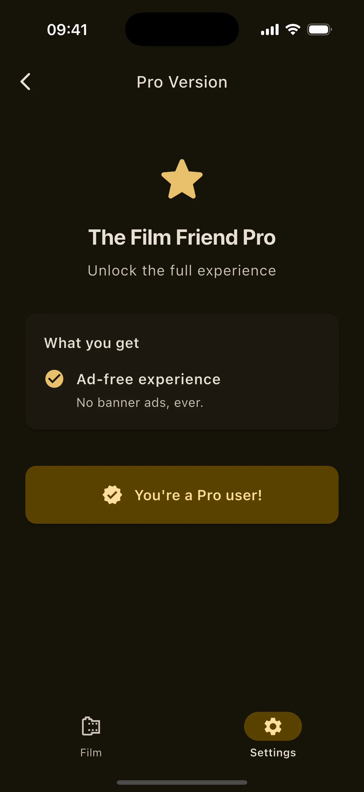 The Film Friend Pro screen on iPhone: no banner ads ever and the Sun Tracker permanently unlocked.