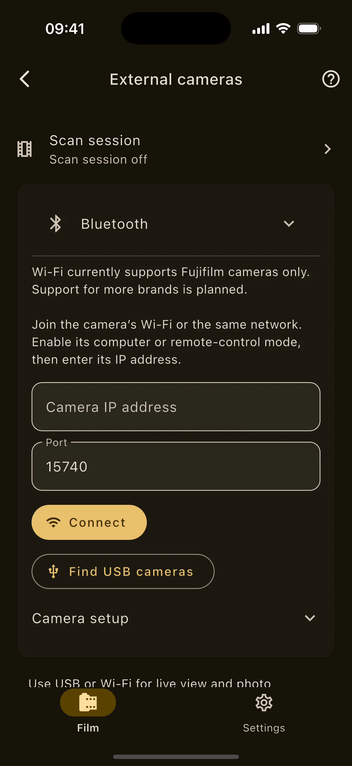 External cameras on iPhone: USB, Wi-Fi and Bluetooth connection options.